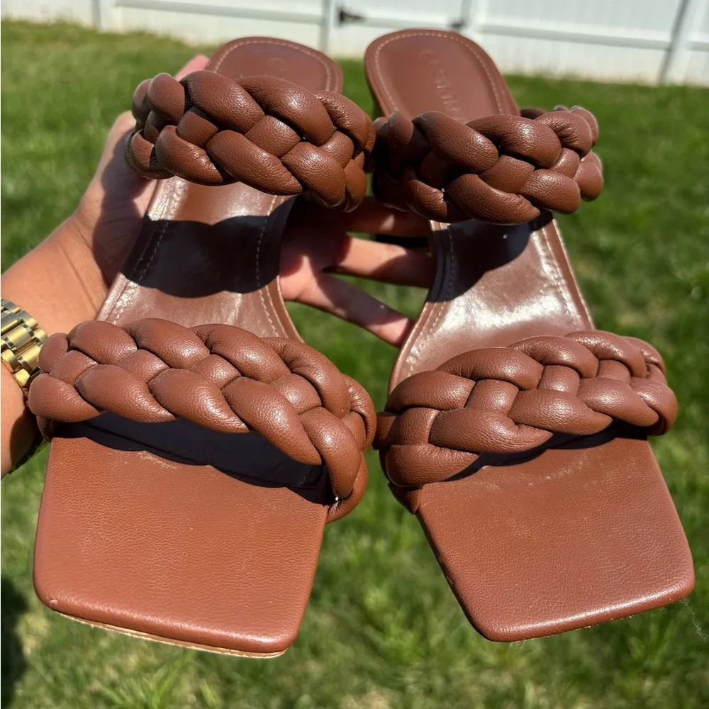 Braided Strap Brown Women’s Heeled Sandals - Picture 3 of 9